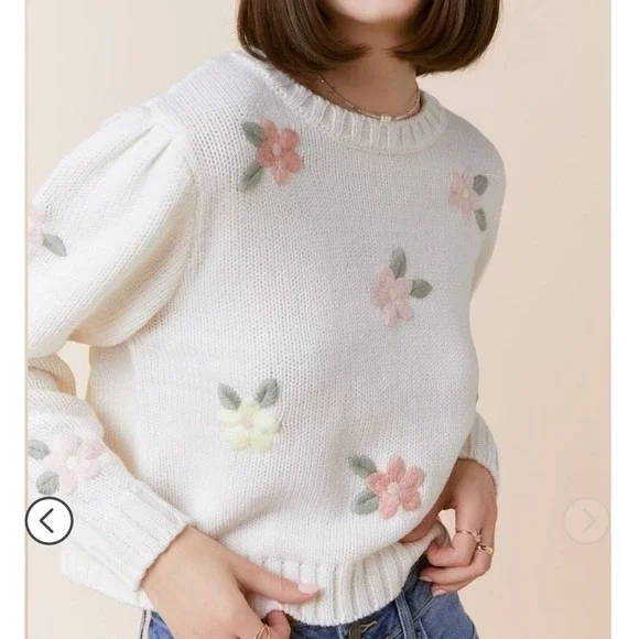 jessica simpson cottage pink purple yellow floral embroidery long sleeve Sweater - Picture 1 of 11